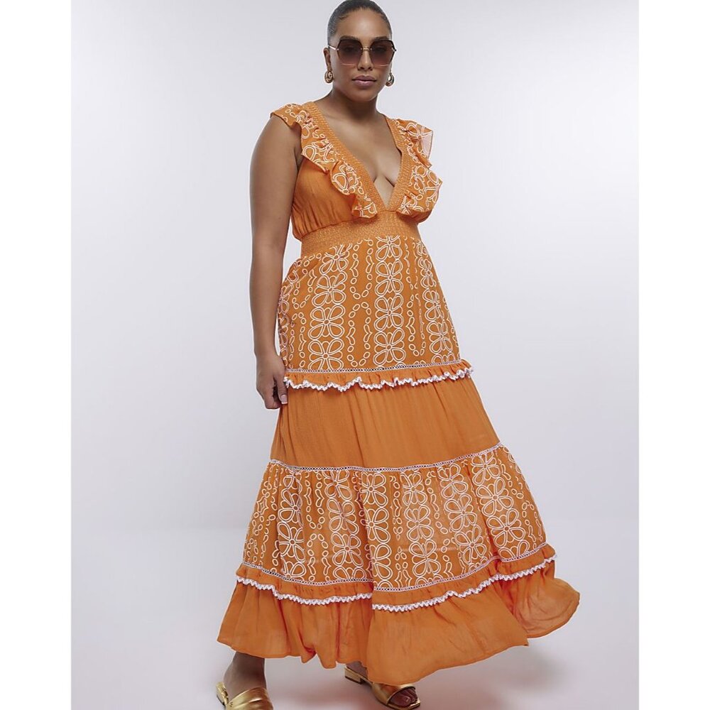 River Island NWT Plus Orange Embroidered Frill Maxi Dress size 22